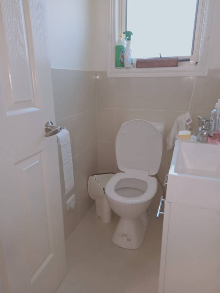 A small bathroom with a toilet and sink

Description automatically generated with medium confidence